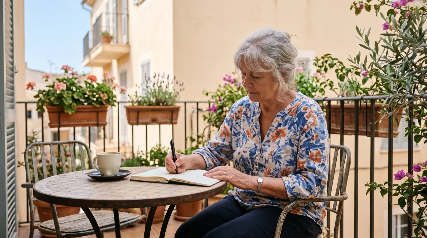 An older woman writing at a table on a sunlit balcony