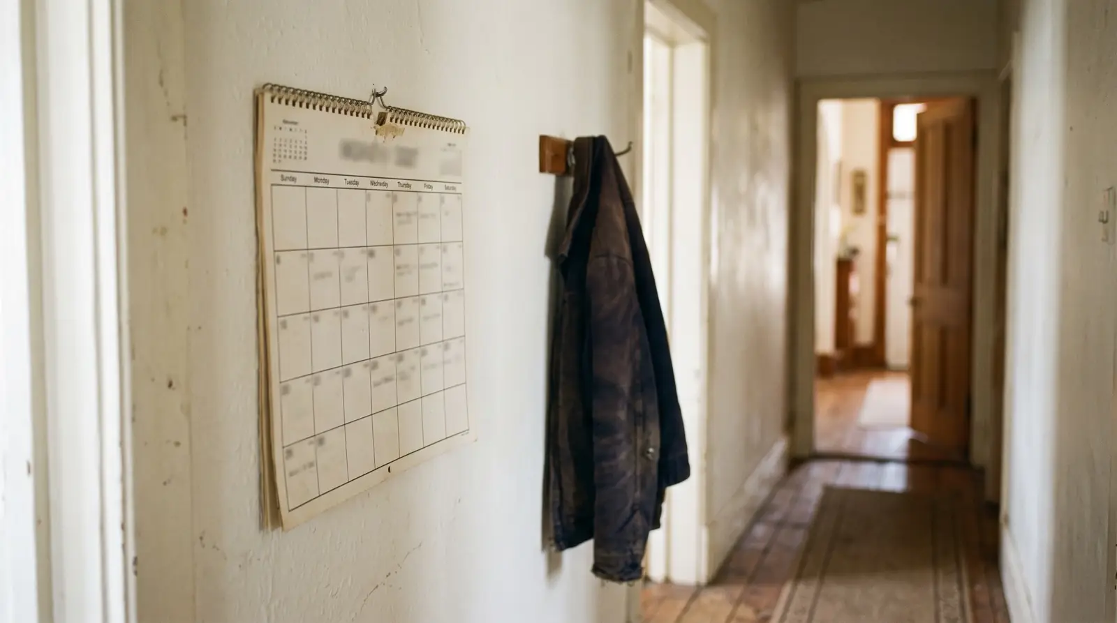Wandkalender in einem Flur, unscharfer Hintergrund