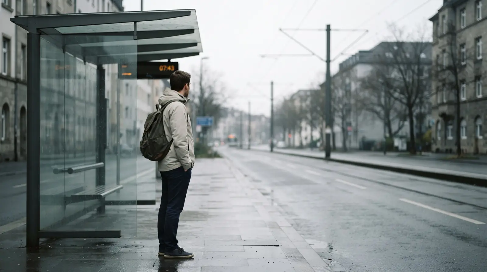 Pendler mit Rucksack wartet morgens an einer Straßenbahnhaltestelle