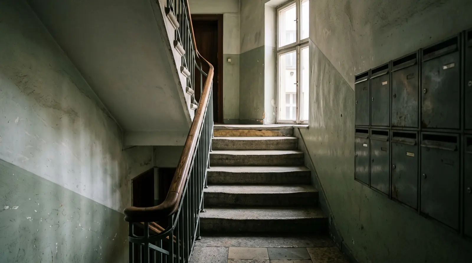 Hausflur mit Treppenaufgang und Briefkästen, natürliches Licht