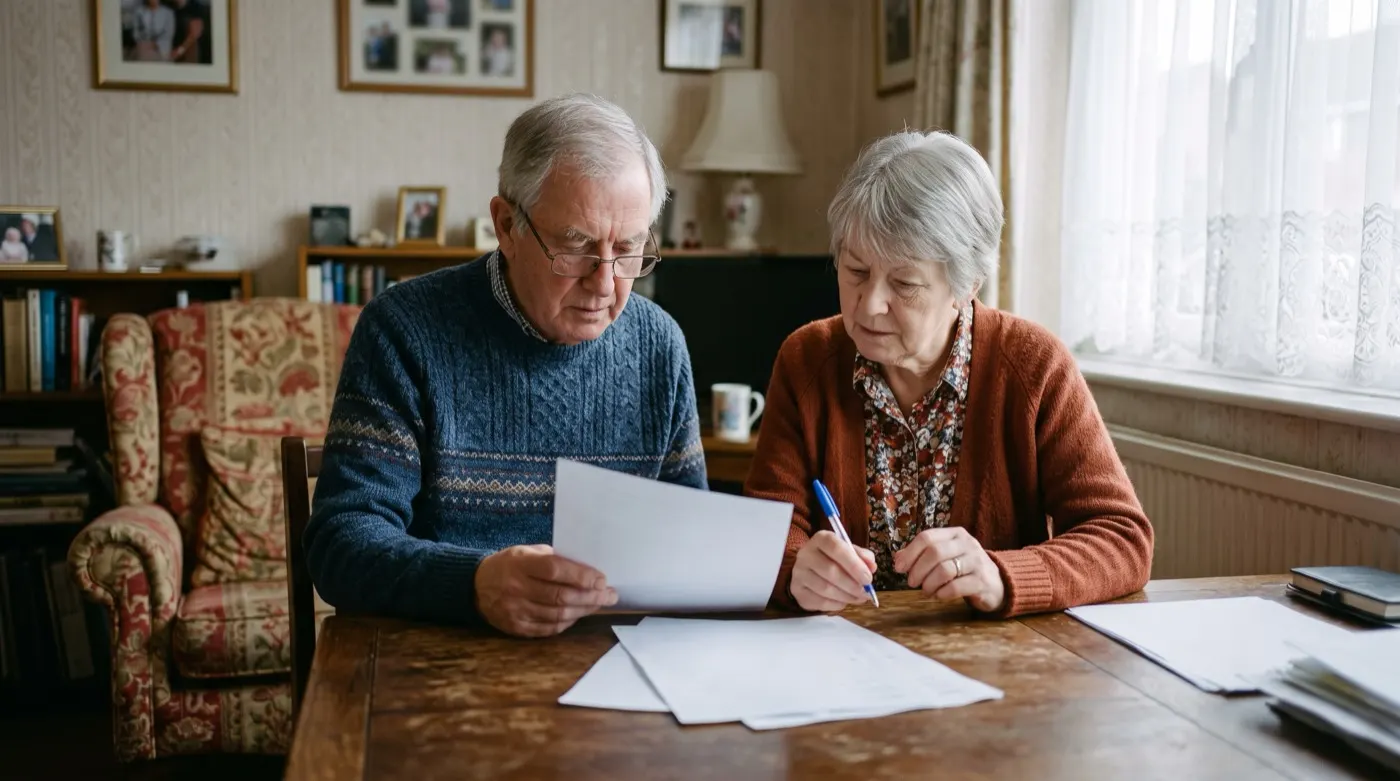 An older couple going through paperwork together at a living room table