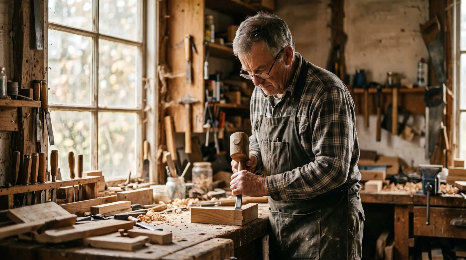 Älterer Mann in einer Werkstatt bei ruhiger, konzentrierter Arbeit