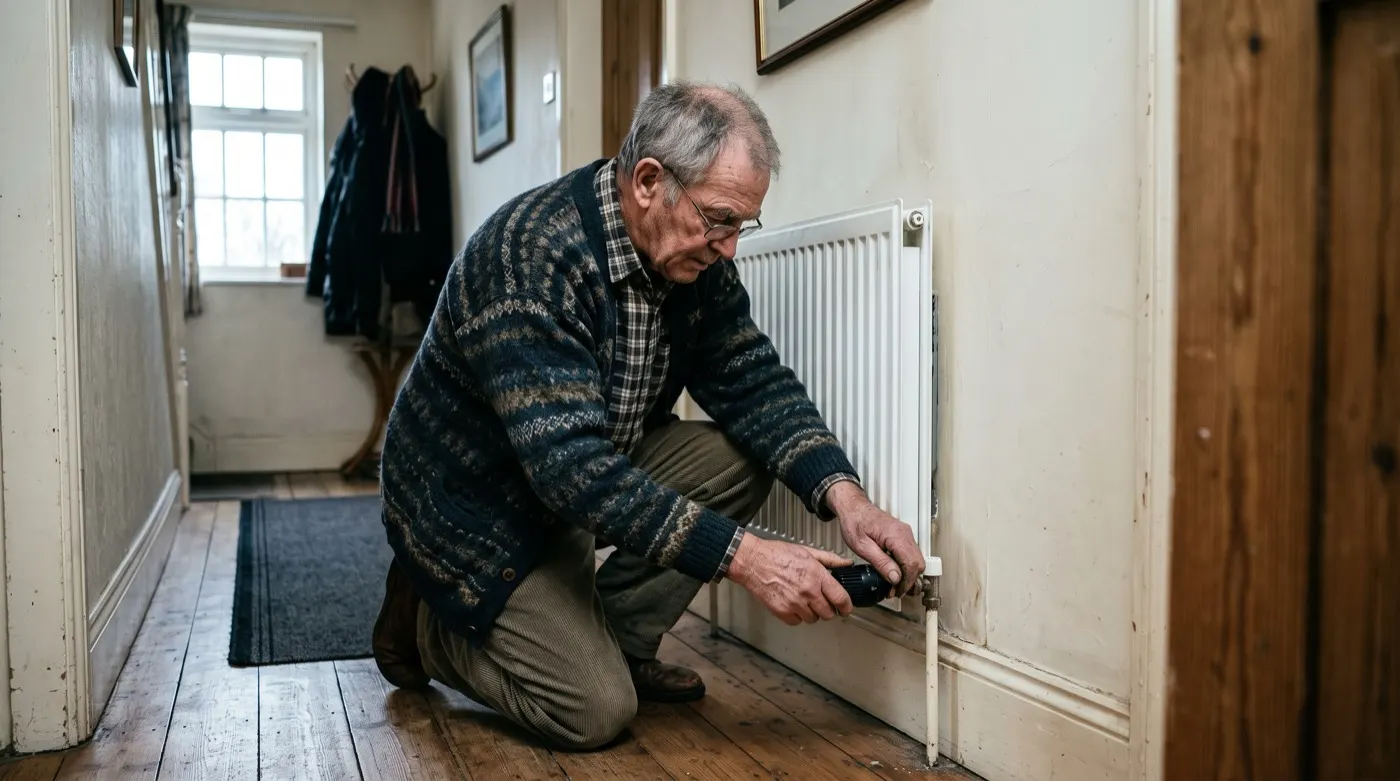 An older man adjusting a radiator valve in a hallway