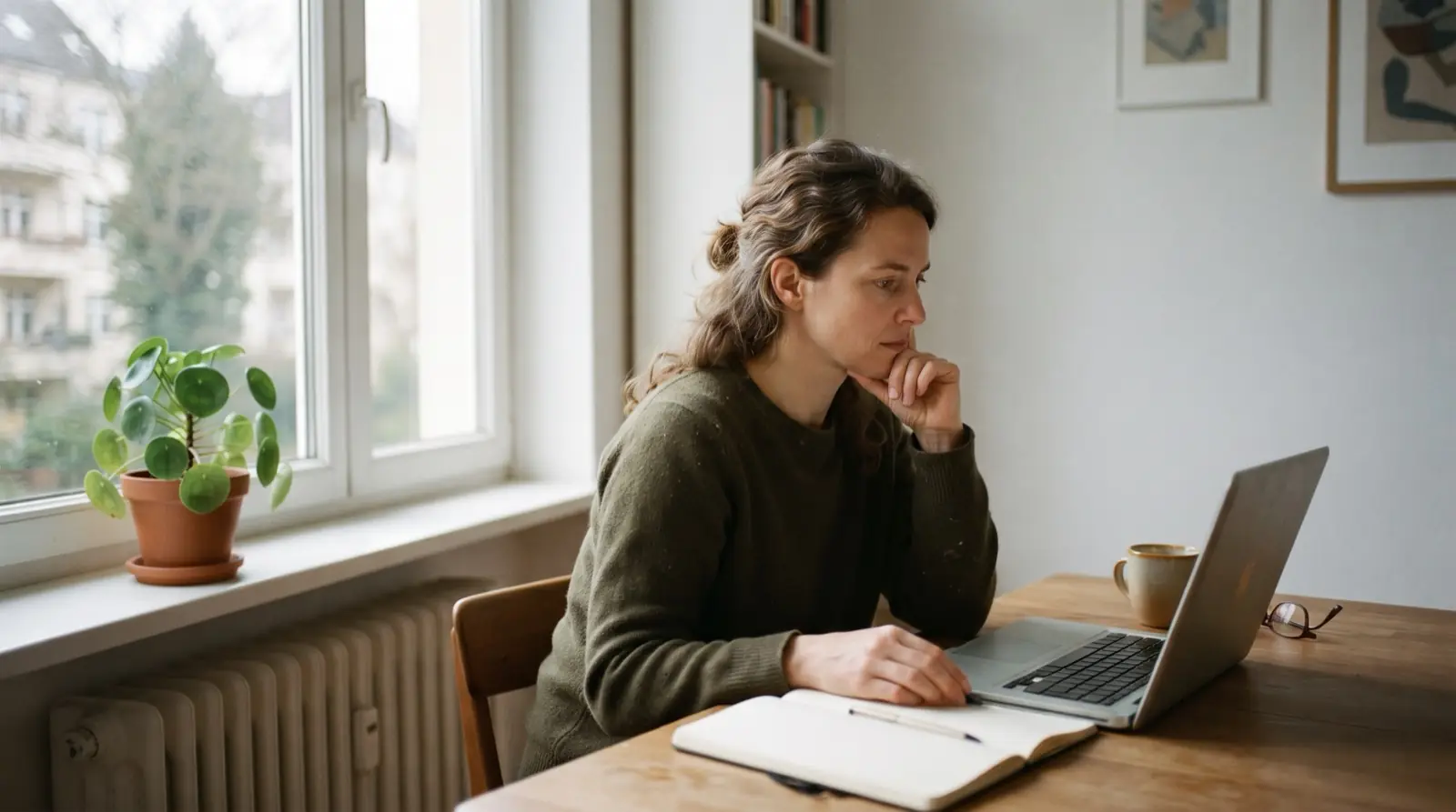 Frau am Esstisch in einer Altbauwohnung, Laptop und Notizblock vor sich, Morgenlicht durch das Fenster