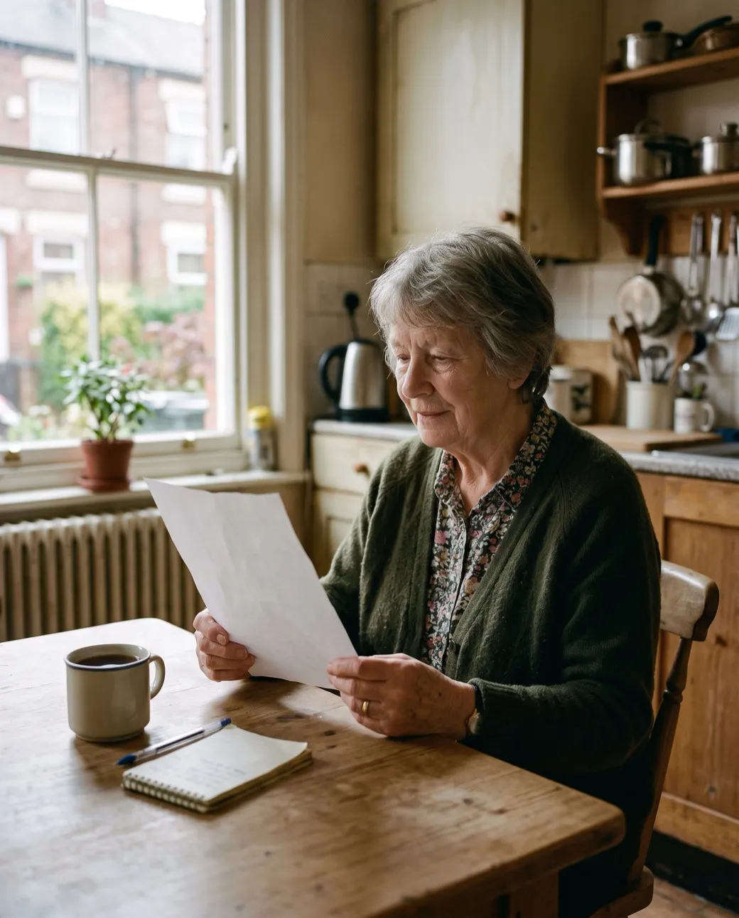 An older woman at a kitchen table reading a letter, with a notepad and a cup of tea beside her