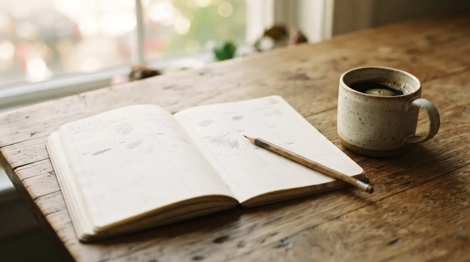 Offener Wochenkalender mit handschriftlichen Markierungen neben einer Tasse auf einem Schreibtisch