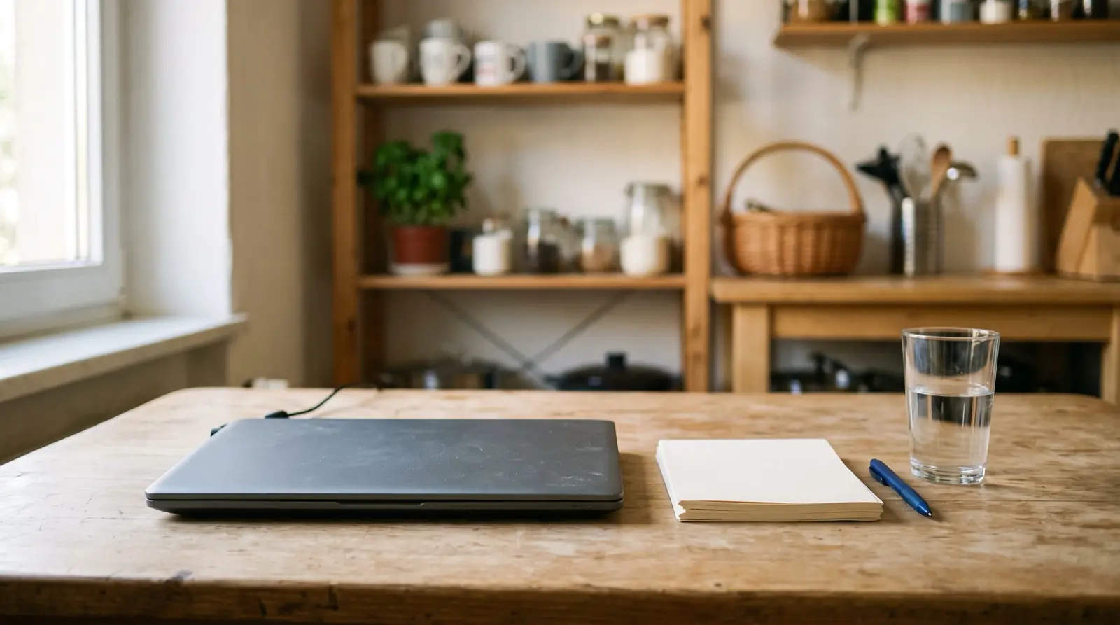 Arbeitsplatz am Esstisch in einer Wohnung, Laptop und Papiere, Tageslicht von der Seite